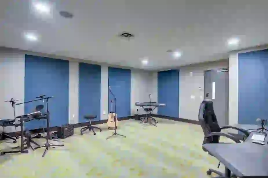 Music Room showing a guitar, keyboard, and electronic drums with acoustic panels on walls