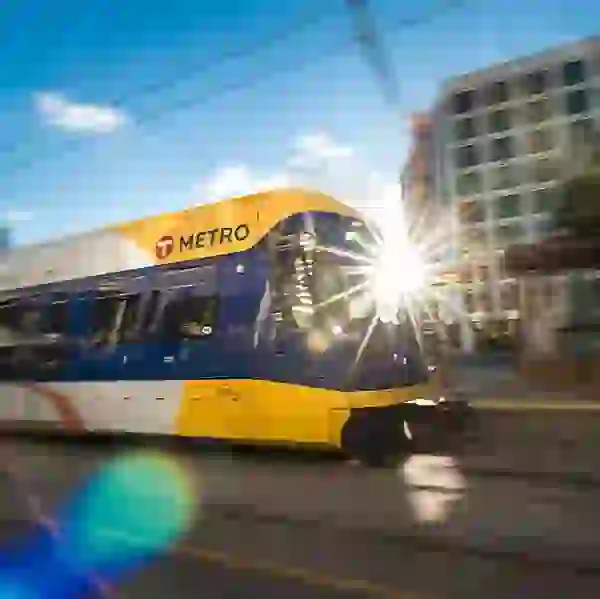 Metro light rail travelling through downtown Minneapolis